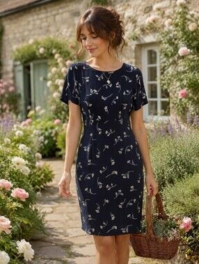 Vintage Beechers Brook Dark Navy Floral Shift Dress Size 6 (Small) Cottagecore